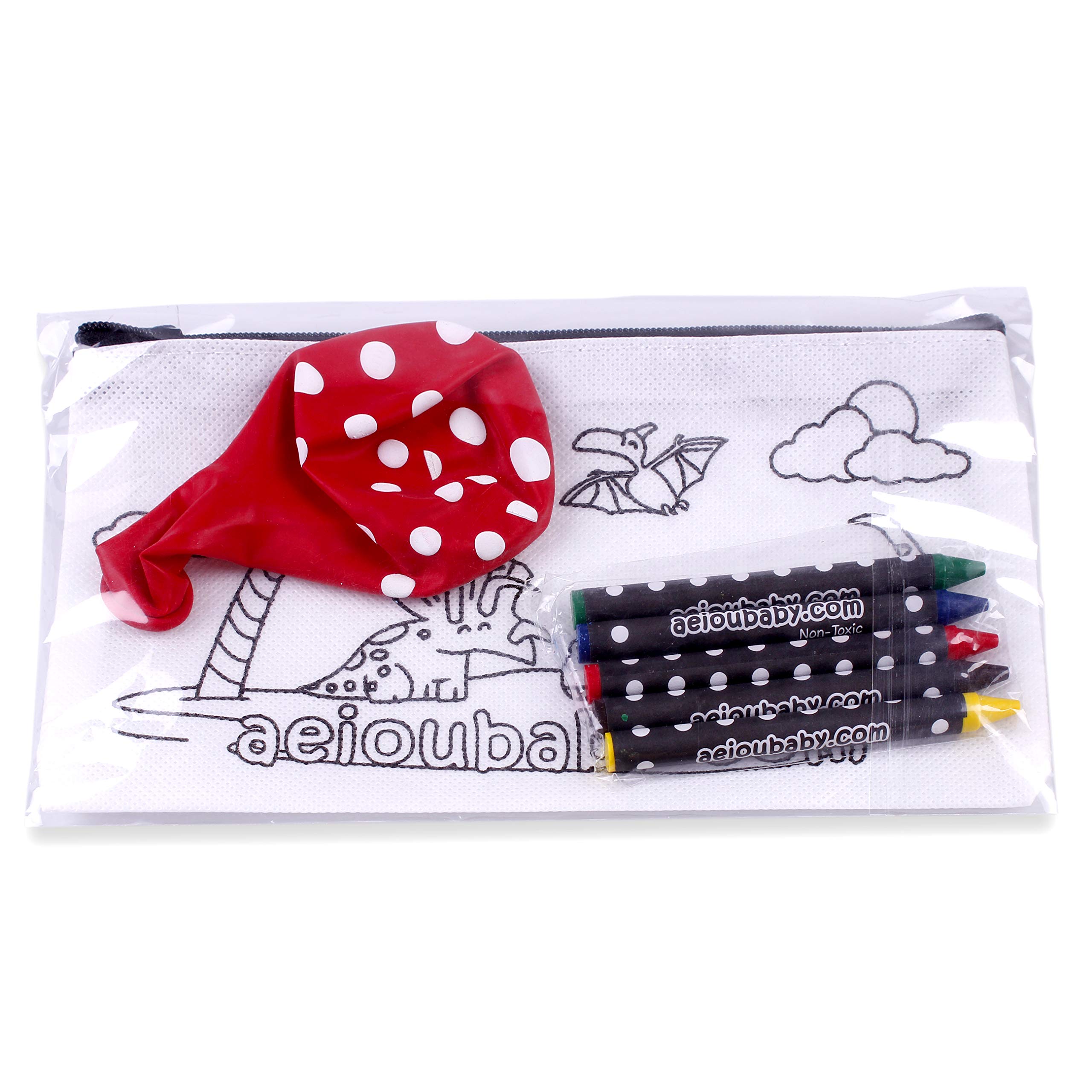 aeioubaby.com Estuches para colorear (Dinos) | 25 Bolsas individuales con 5 ceras de colores y globo. Incluye bolsa reutilizable | Regalos de cumpleaños y fiestas infantiles | Creatividad para niños