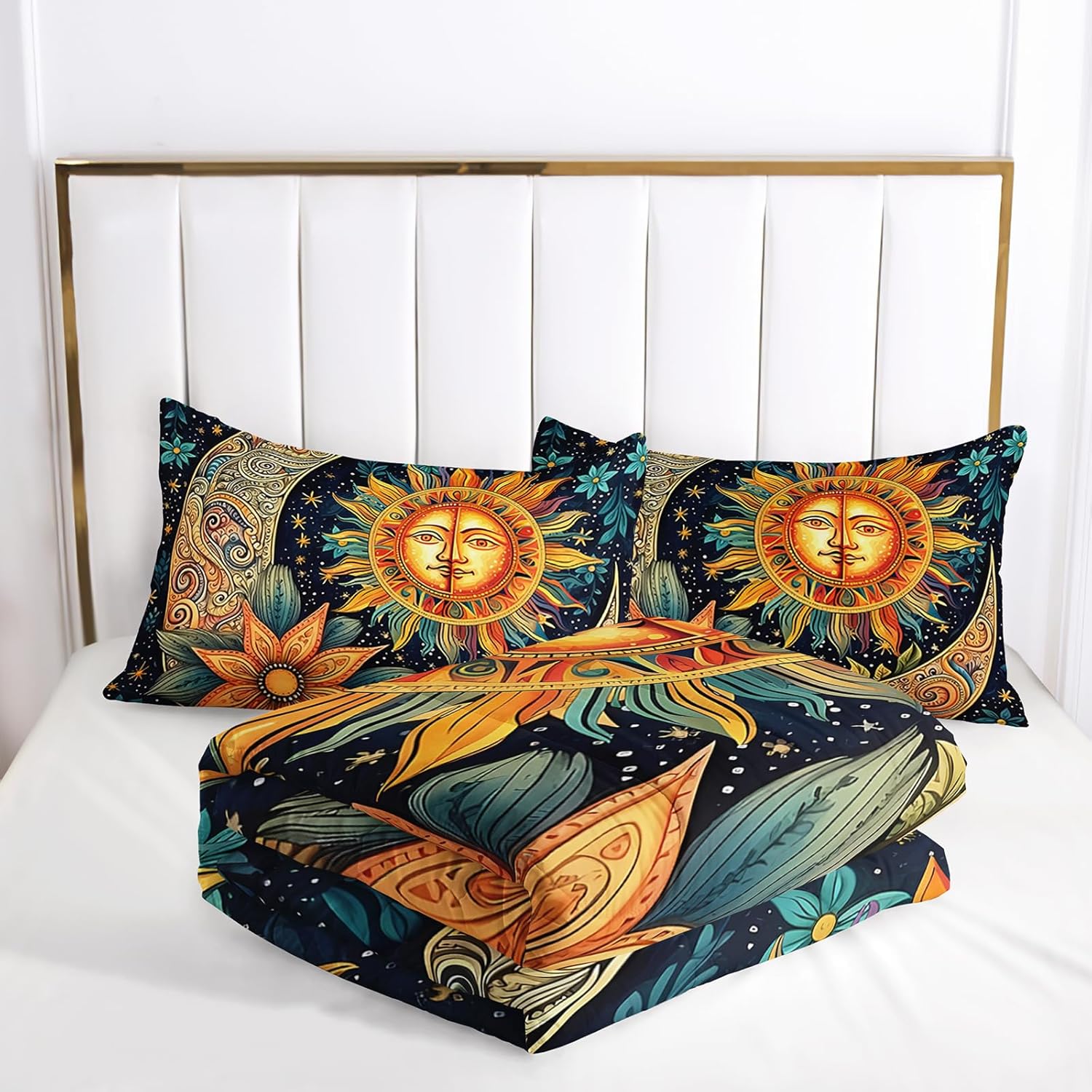 Boho Sun Comforter Set Queen Size, Floral Botanical Bedding Set, Kids Girls Boys Adult Room Decor