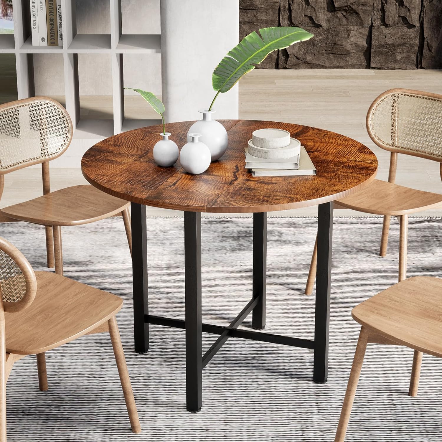 36” Folding Dining Table, Round Drop Leaf Wooden Kitchen Table, Mid-Century Foldable Tables Compact Small Dining Table, Farmhouse Extendable Table for 2-4 People