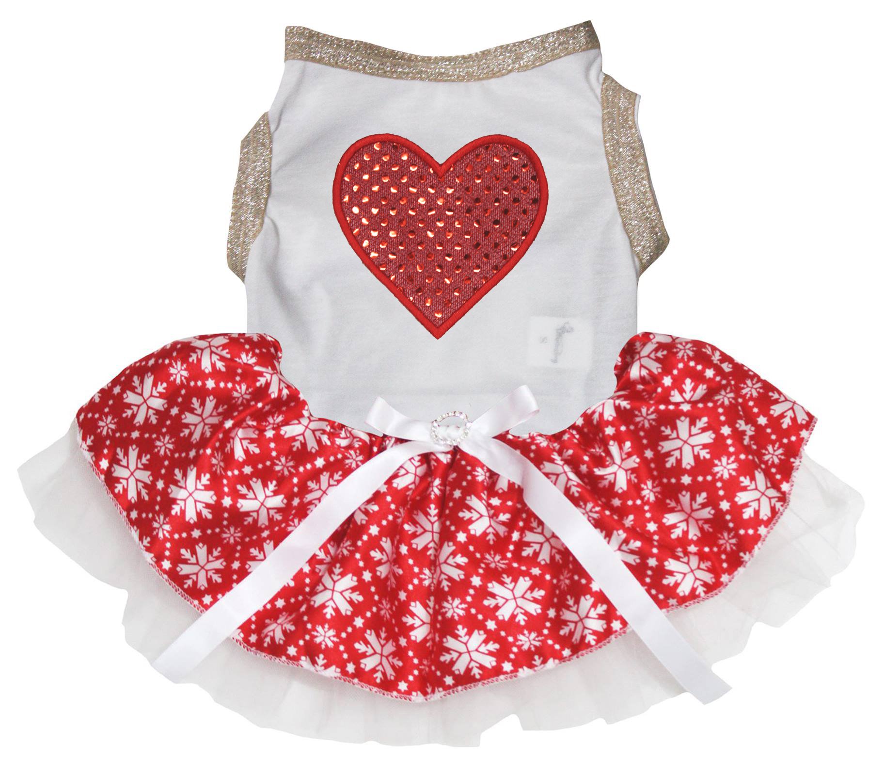 Robe à paillettes pour chiot rouge avec tutu flocon de neige et coeur blanc