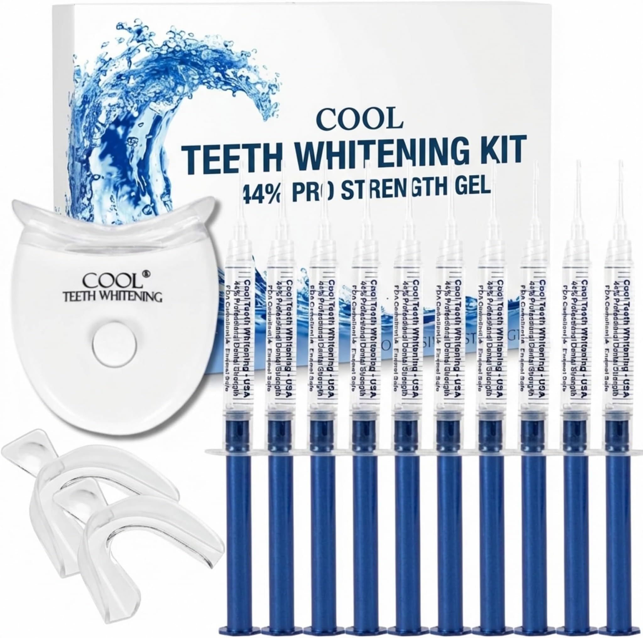 Teeth Whitening Kit with LED Light 44% Carbamide Peroxide 10 Syringes & Moldable Trays 60 Applications Vegan, Enamel Safe, Alcohol Free Formula