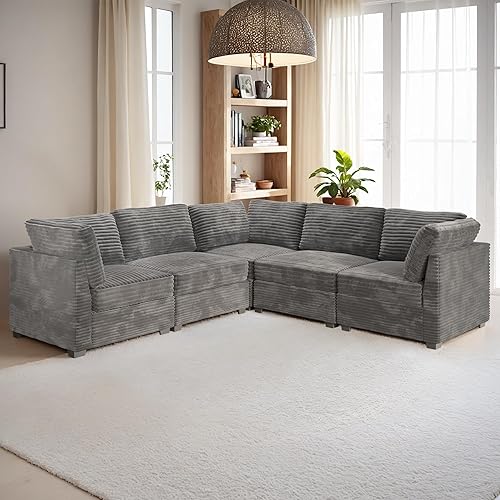 Luxury Modular Sectional Sofa Couch - 98x98 Oversized L Shaped Cloud Couch for Living Room,Deep Seat Upholstered Convertible Sleeper Sofa Couch with Reversible Chaise,Plush Corduroy,Grey