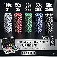 Vista 3 de Juego de fichas de póquer con denominaciones, 300 piezas de 11.5g con números, fichas de casino con 2 barajas, 5 dados y estuche compacto