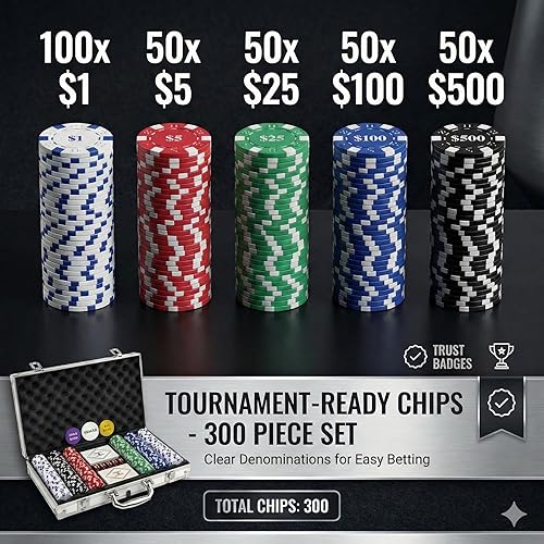 Miniatura 3 de Juego de fichas de póquer con denominaciones, 300 piezas de 11.5g con números, fichas de casino con 2 barajas, 5 dados y estuche compacto de