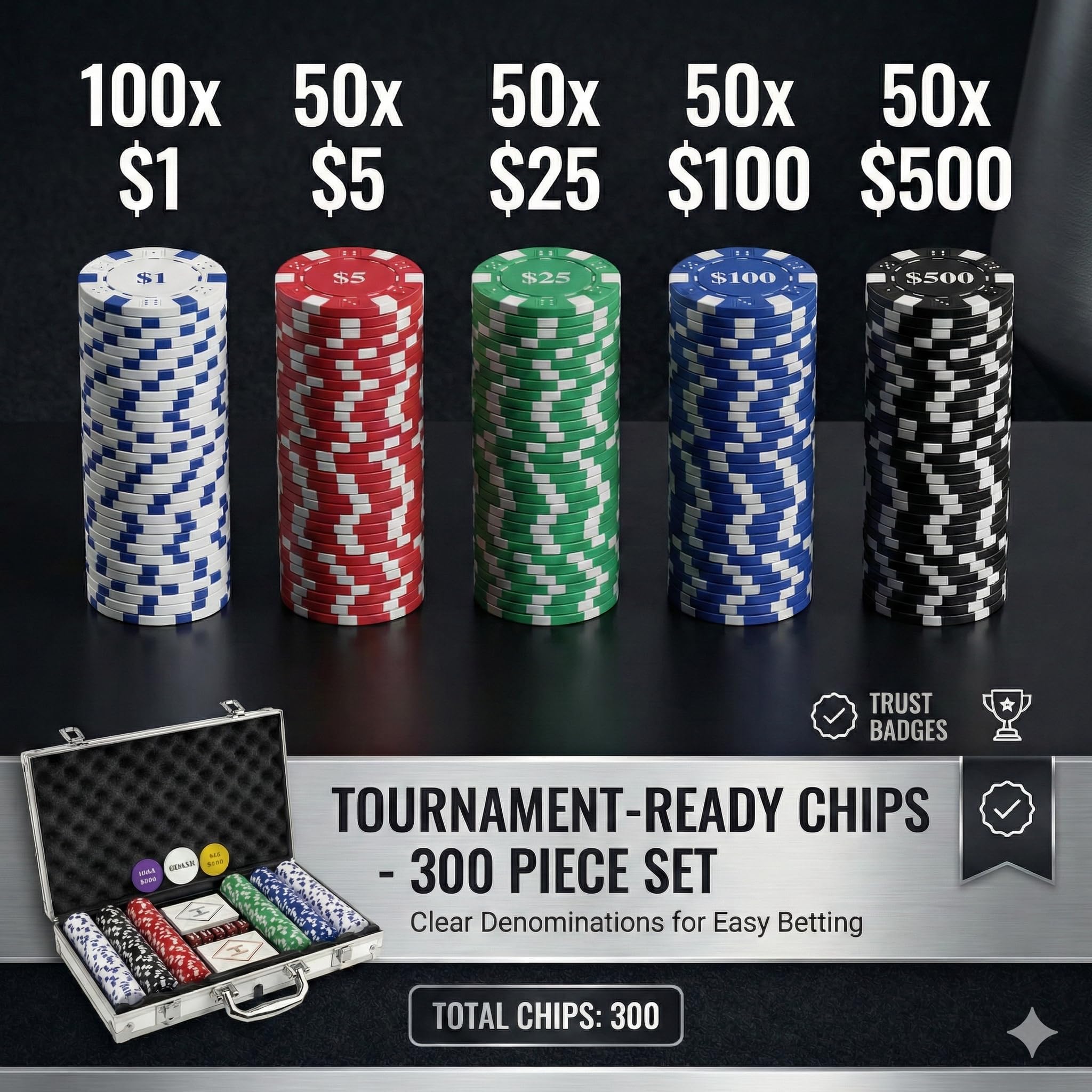HEITOK Pokerkoffer 300 Stück – Texas Holdem Set mit 11,5g Chips, Alu-Koffer, Karten, Würfel & Button - 4