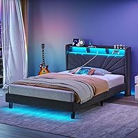 Rolanstar Twin Bed Frame with RGB LED Lights, Charging Station, Storage Headboard - Upholstered Linen, Heavy Duty Slats, No Box Spring, Dark Grey