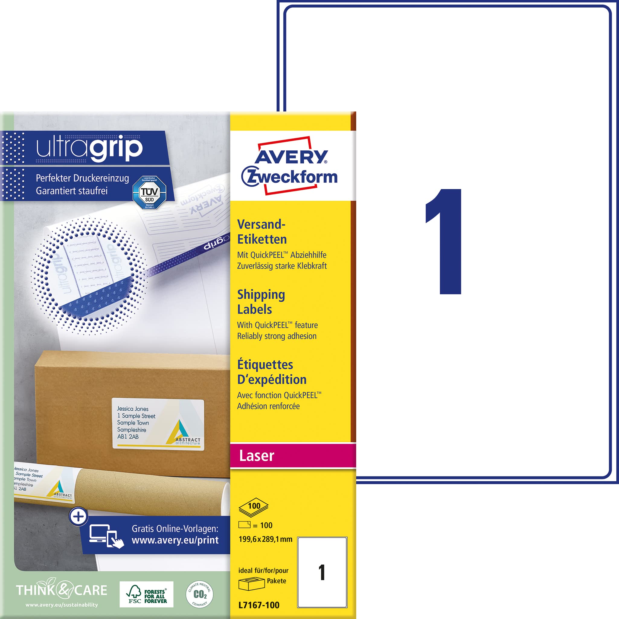 Avery Zweckform L7167 Shipping Labels (Pack of 100 Sheets, Opaque, 199.6 x 289.1 MM 100 Sheets White