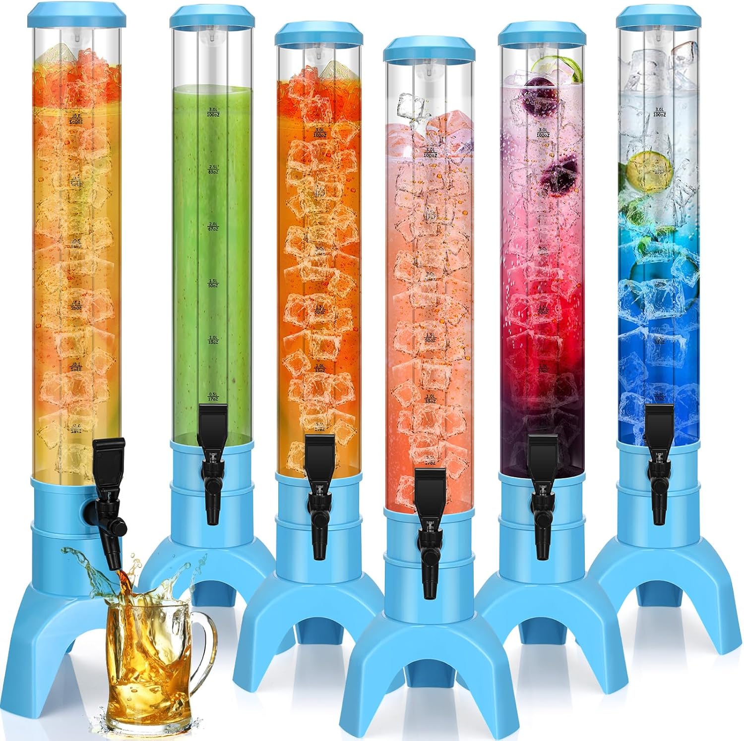 Domensi 6 Pcs Drink Tower Dispenser Mimosa Tower with Ice Tube and Bottomless Mimosa Lunch Beer Beverage Drink Tabletop Liquor Dispenser for Bar Party(3l,Blue)