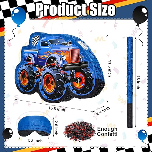 Miniatura 4 de Fulmoon Piñata de camión pequeña 3D de 16 pulgadas, piñata de construcción con palo, confeti para los ojos vendados, suministros para fiestas de