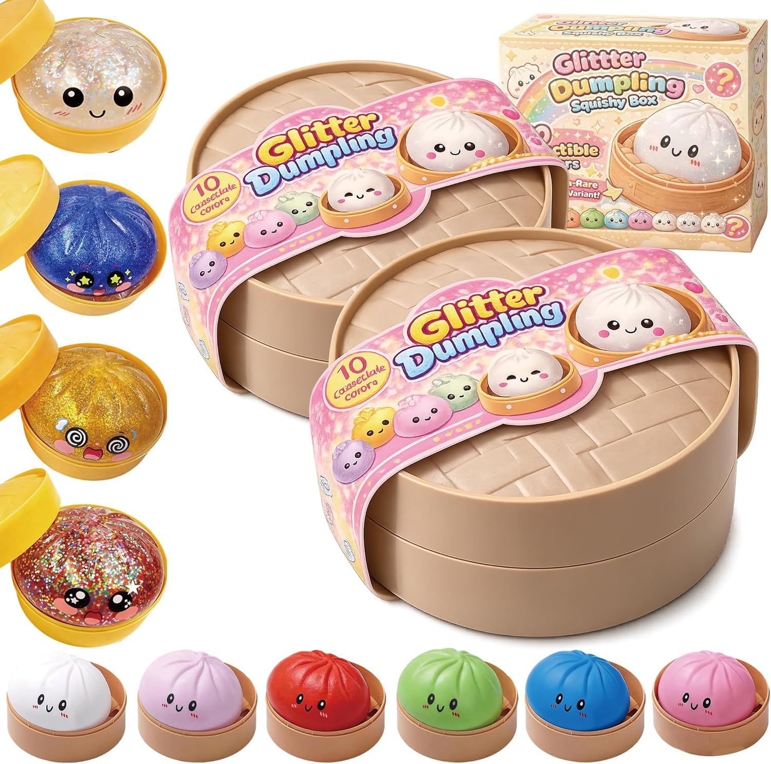 Glitter Dumpling Squishy Toy, Random Box, 10 Colors Dumplings Squishy Toy, Surprise Collection (Random*2)