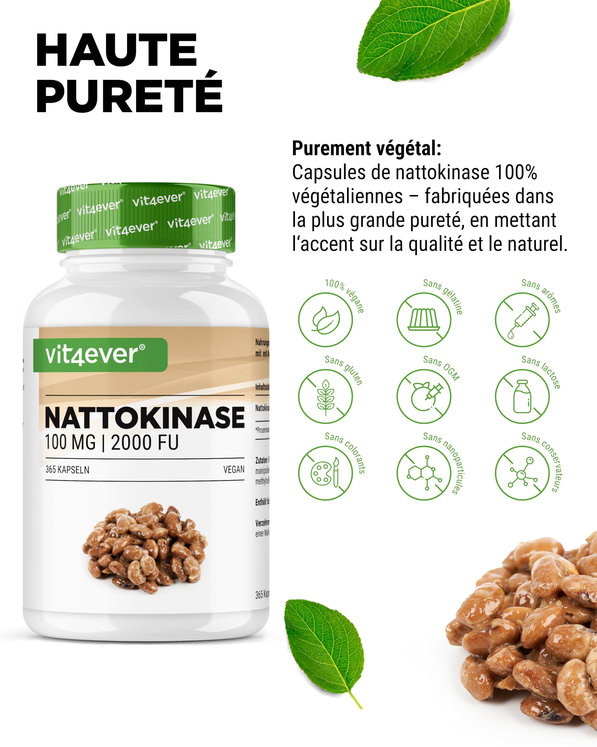 vit4ever Nattokinase - 365 Gélules de 100 mg (20.000 FU/g) - Réserve de 12 Mois - Hautement Dosée - Vegan - Sans OGM - Sans Additifs Indésirables