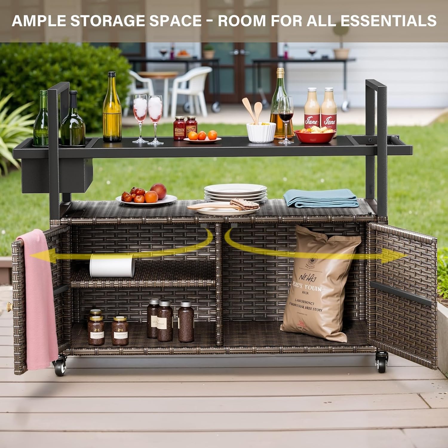 Belord Wicker Outdoor Bar Cart with Storage Cabinet and Four Rolling Wheels Patio Bar Table, Outdoor Buffet Cabinet Movable with Removable Side Basket for Deck Poolside Backyard Brown