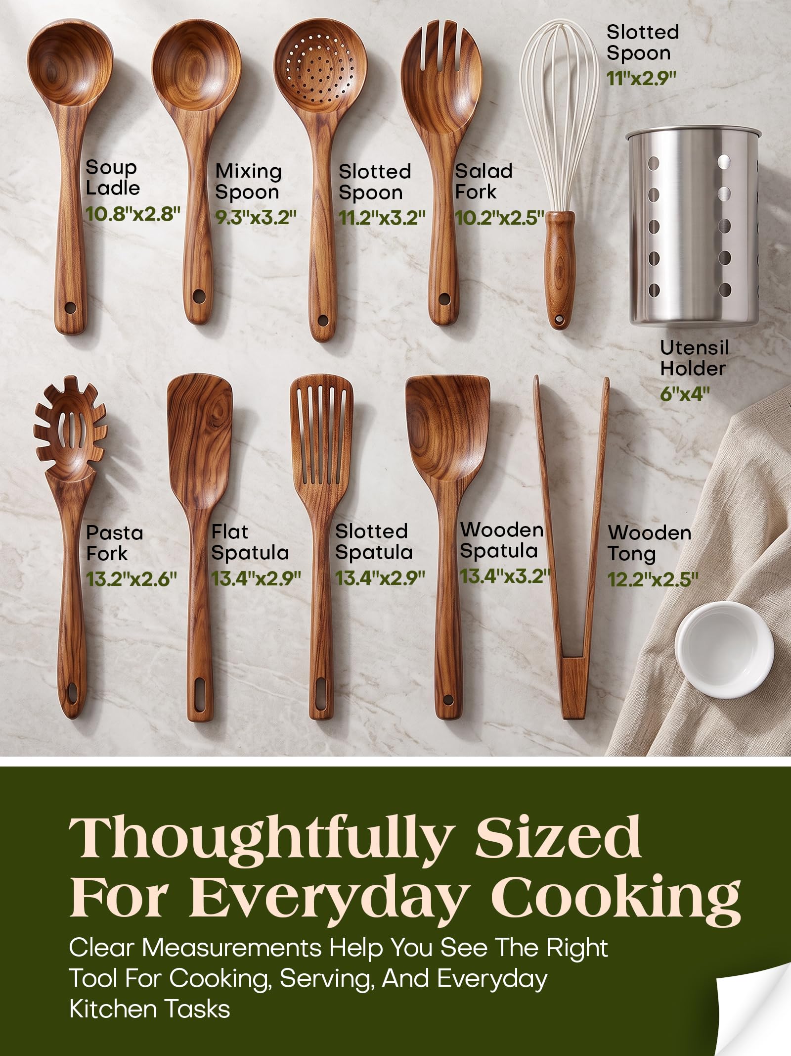Set di utensili da cucina con supporto, utensili da cucina in legno per cucinare, utensili da cucina in legno di teak naturale, set di utensili da cucina in legno con spatola e mestolo (11)