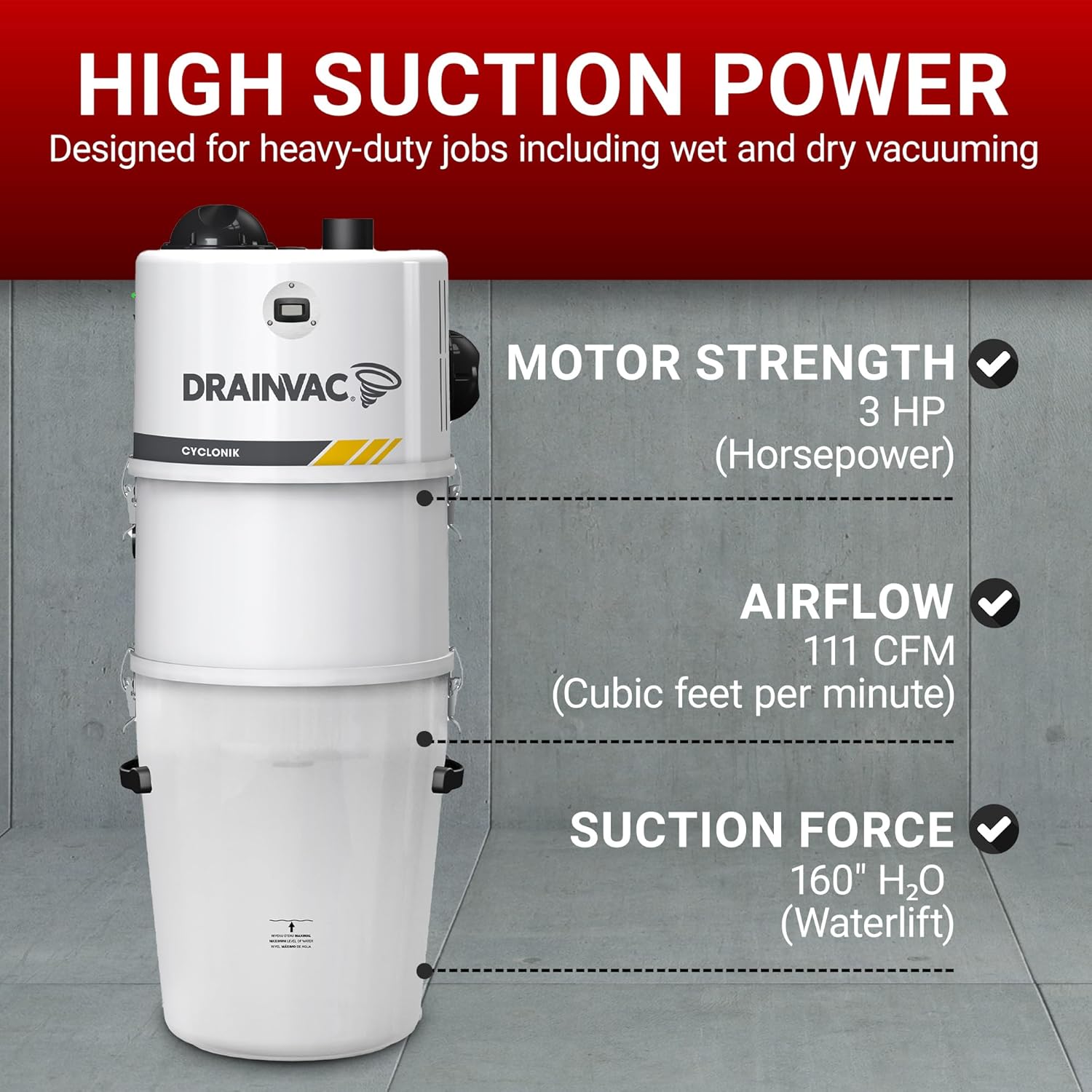 Drainvac 3HP Commercial Central Vacuum System Power Unit – Powerful Suction, Dual Motor Bypass, 46L Dust Bin – Made in Canada