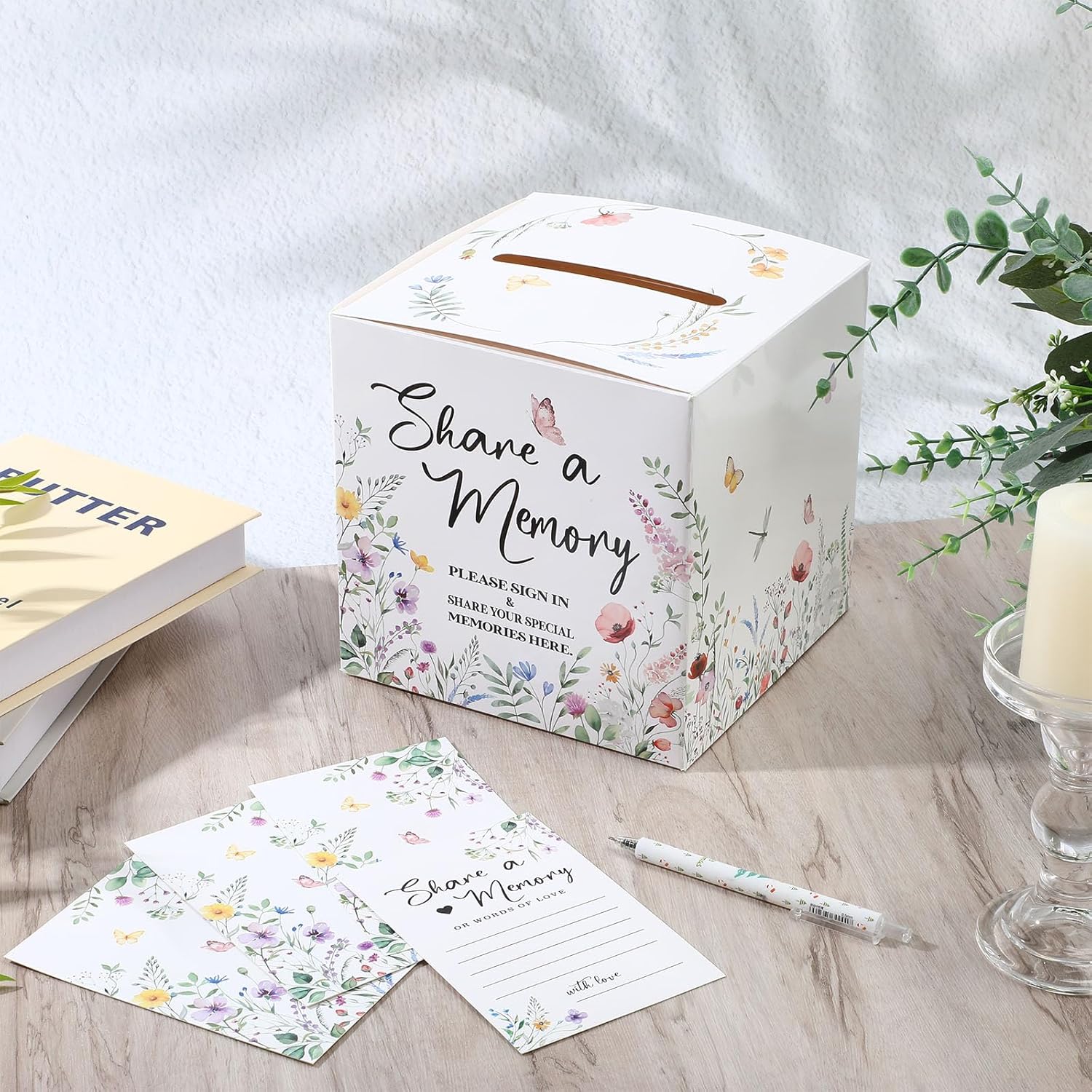 Fainne 25 Pcs Floral Share a Memory Cards with Celebration of Life Box Funeral Advice Cards Thank You Sympathy Holder Box Decor for Guest Funerals Memorial Service Farewell Remembrance Party Supplies