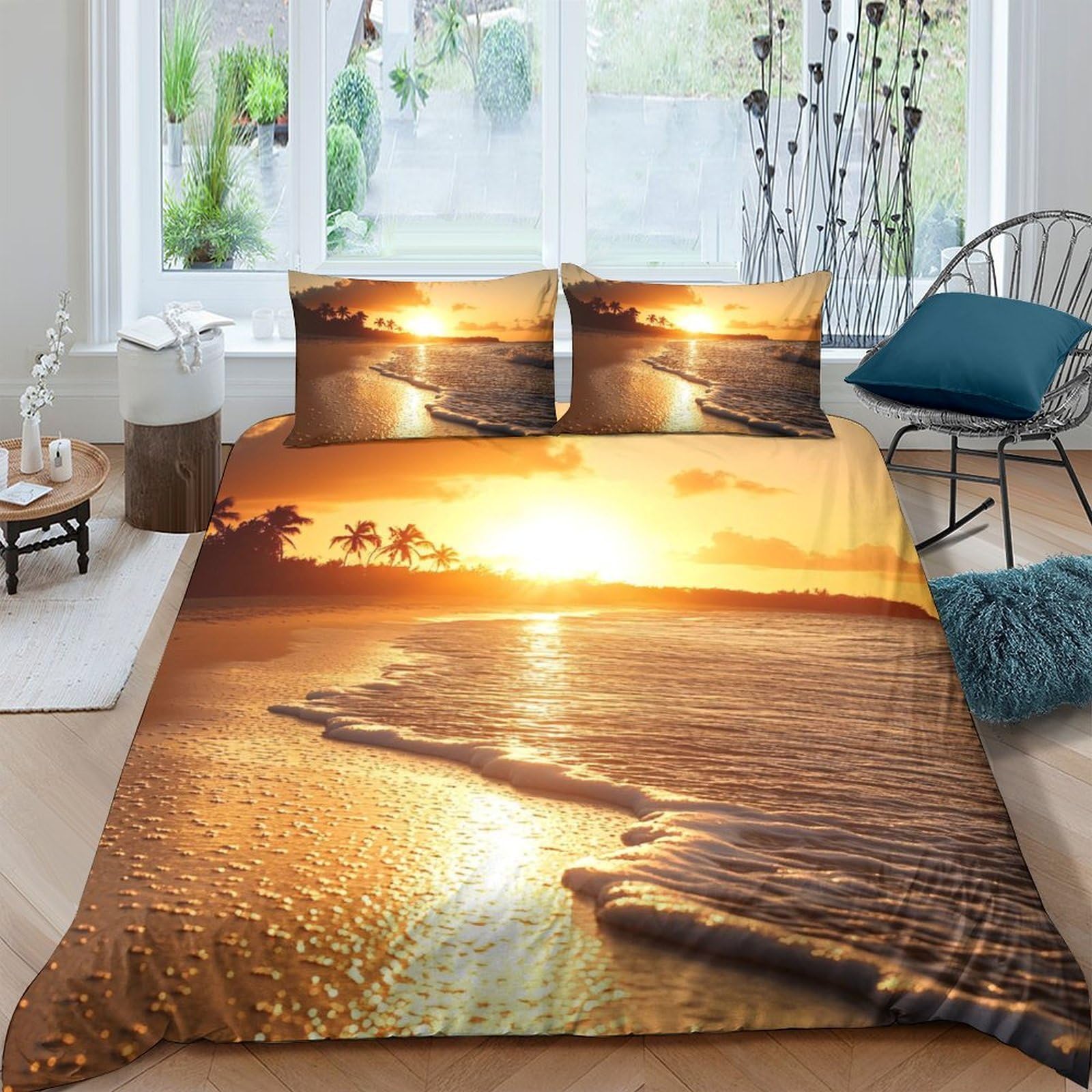 Ctjqhvkz Style-7 3D Printed Sunset Beach Fitted Sheet Microfiber Soft Mattress Cover Ocean Wave Bed Decor Bedroom Single（135X200cm）
