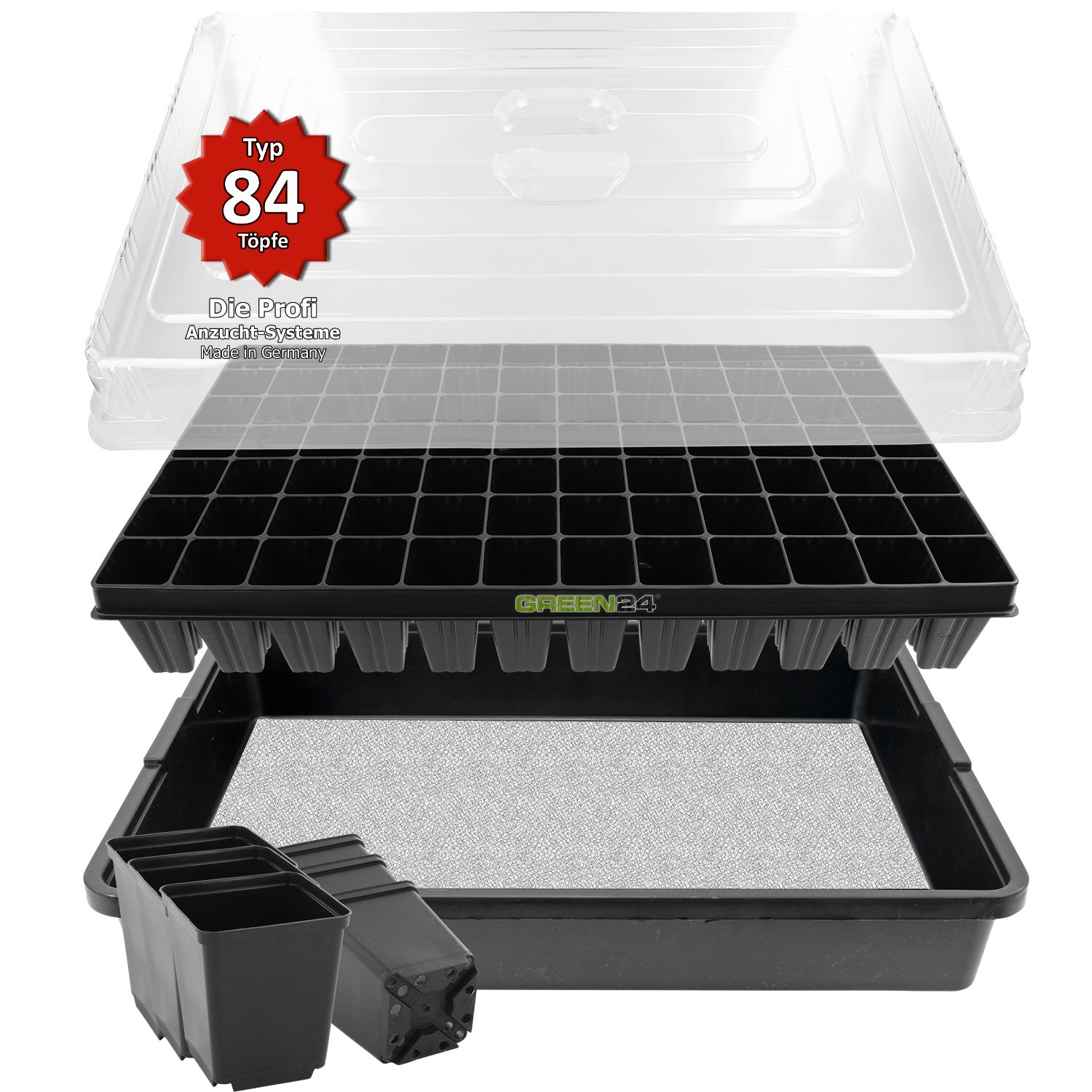 GREEN24 Anzucht-System 84WT Zimmer-Gewächshaus XXL Profi mit automatischer Bewässerung für die Anzucht Zimmer Treibhaus mit Wasser-Wanne + Kapillarsystem + Topfplatte + Haube + Töpfe