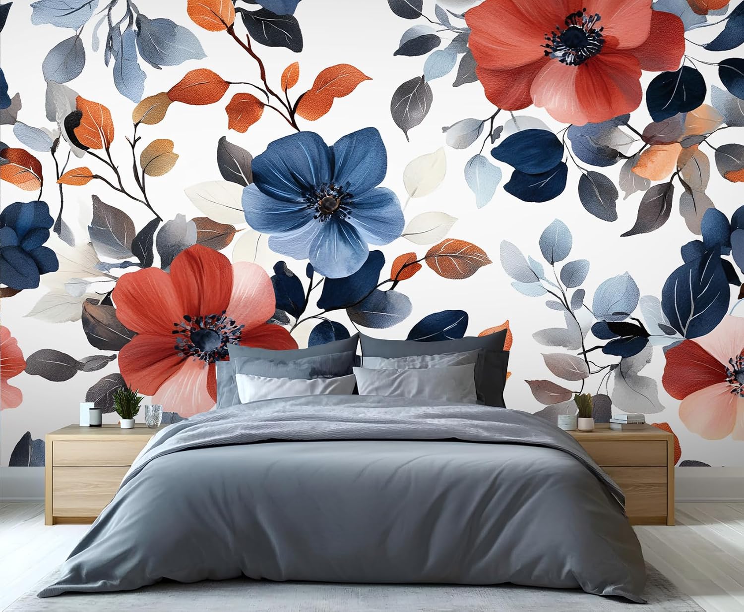 Floral Wallpaper, Red and Blue Wallpaper Wall Mural for Living Room, Retro Flowers Wallpaers for Bedroom Hotel Office Decor 78" x 55"(Not Peel and Stick)
