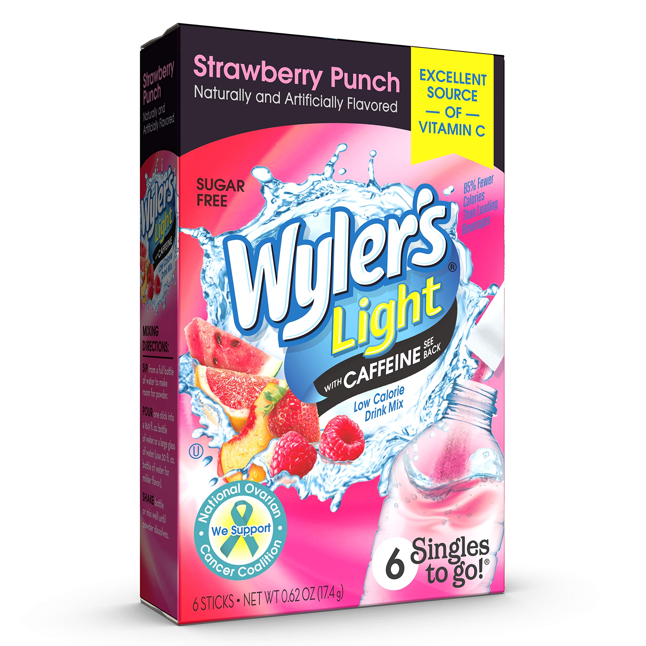 Wyler's LightSingles To Go Caffeinated Water Drink Mix, Powder Packets, Strawberry Punch, 6 Servings Per Box, 1 Box, 6 Single Servings[Amazon-developed Certification] Compact by Design
