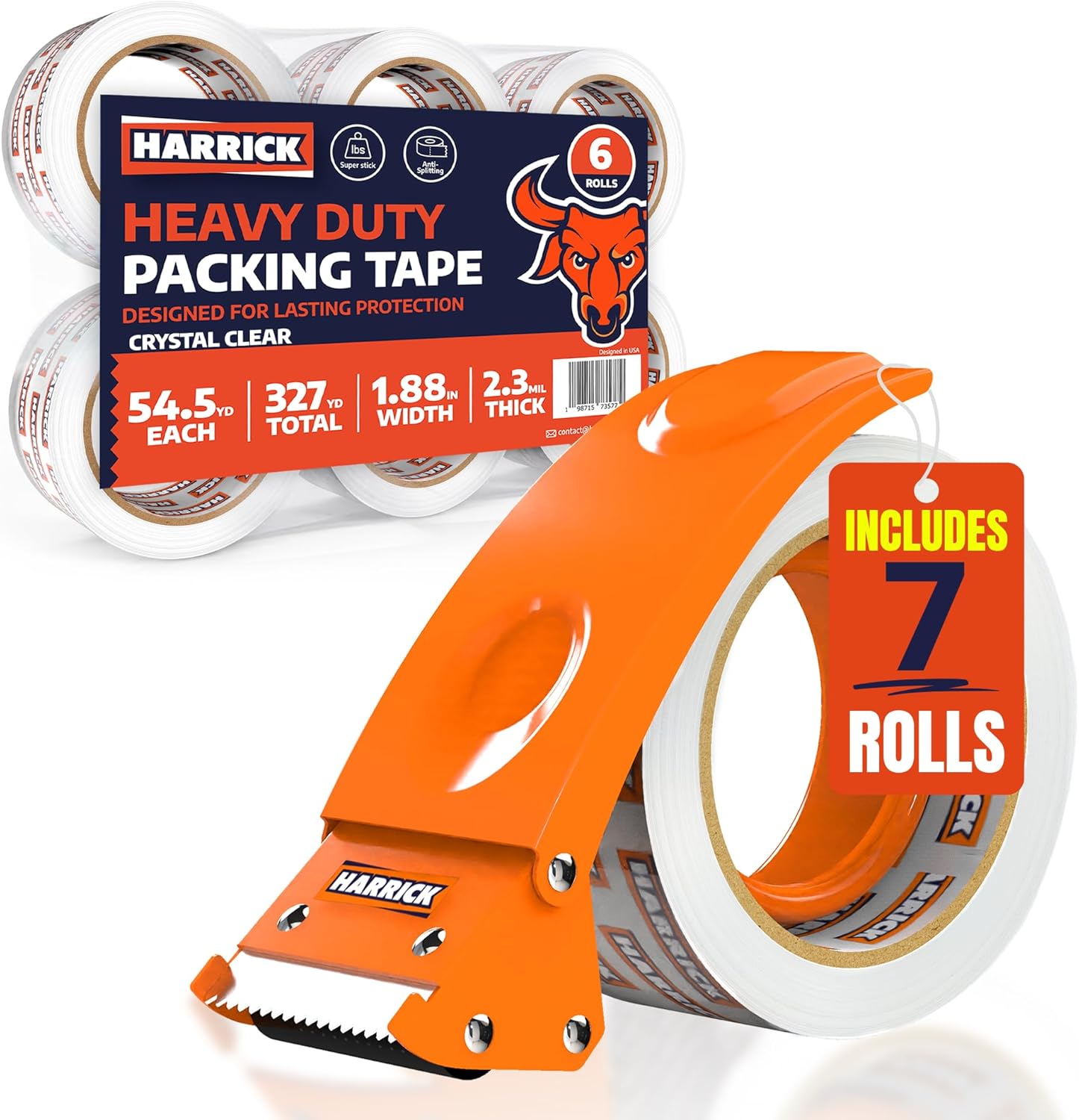 7 Pack Packing Tape Rolls with Dispenser 1.88 Inch - Strong & Durable Rolls of Tape - Packing Tape Roll for Shipping Boxes - Ergonomic Tape Gun Refill - 381,4 Yards