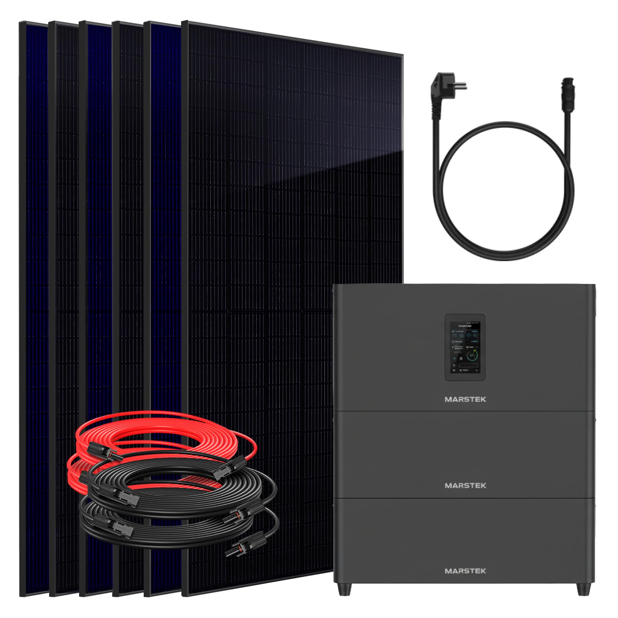 SUNNIVA® 3000W Balkonkraftwerk mit 7,68 kWh Speicher MARSTEK Jupiter C + Plus, BIFAZIAL FULLBLACK komplett Steckdose, PV Solaranlage Komplettset mit Solarspeicher, 6x 500W N-Type Glas Bifacial PV