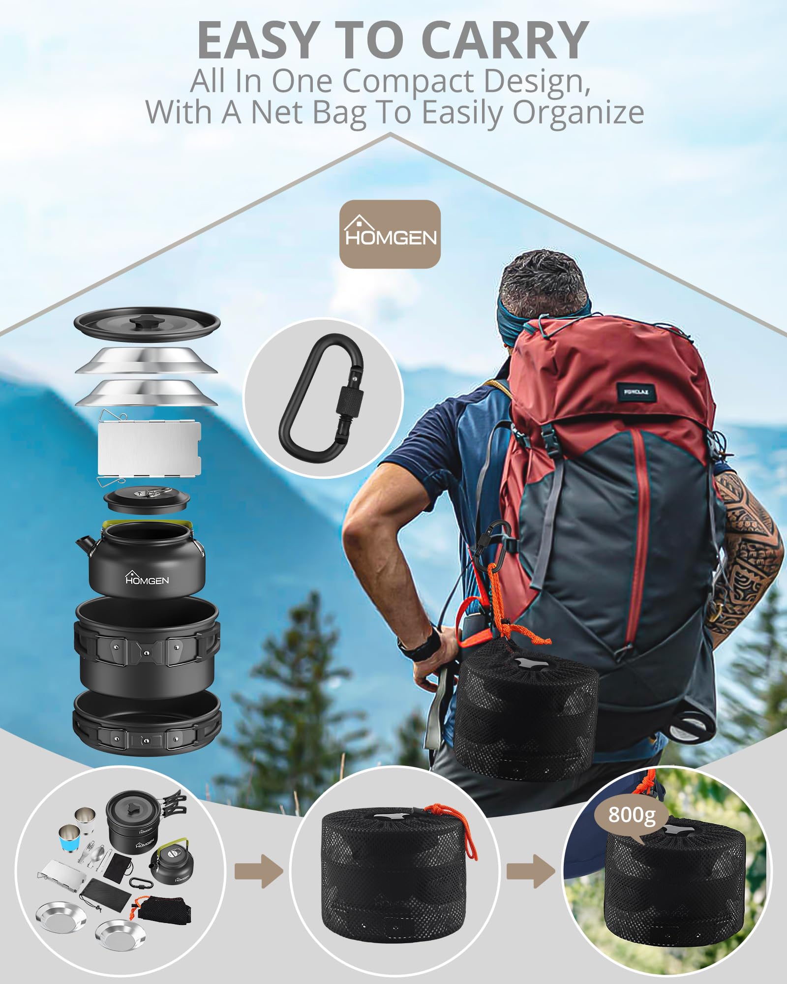HOMGEN Set di pentole da campeggio per 1-2 persone, 13 pezzi, in alluminio, con pentole, bollitore, piatti, ciotole, protezione antivento, per esterni, campeggio, escursionismo, picnic, portatile