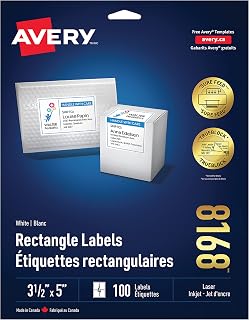 Avery Shipping Labels with TrueBlock Technology for Inkjet Printers, 3-1/2" x 5", White, Rectangle, 100 Labels, Permanent (8168) Made in Canada for the Canadian Market - 08168