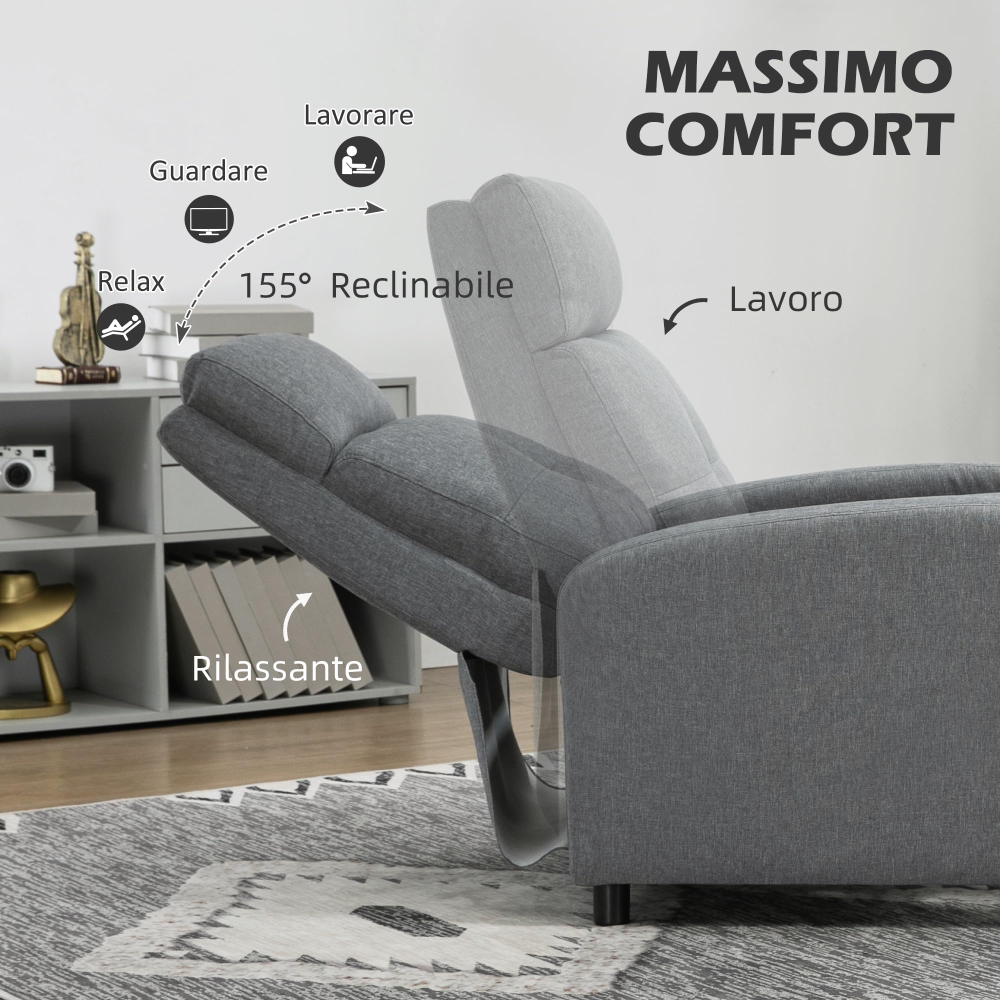 HOMCOM Poltrona Relax Reclinabile Manuale 155° con Poggiapiedi, Poltroncina Reclinabile Imbottita Ergonomica in Tessuto Effetto Lino per Camera da Letto, Ufficio, Salotto e Soggiorno, Grigio