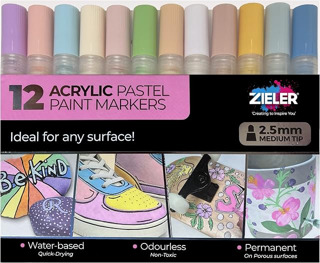 12 Acrylic Paint Pens for Rock Painting, Ceramic, Porcelain, Glass, Stone, Pebble, Fabric, Wood & DIY Mug Design  by Zieler®. Permanent Water-based Marker Pens  Pastel colours (Medium Tip - 2.5mm)