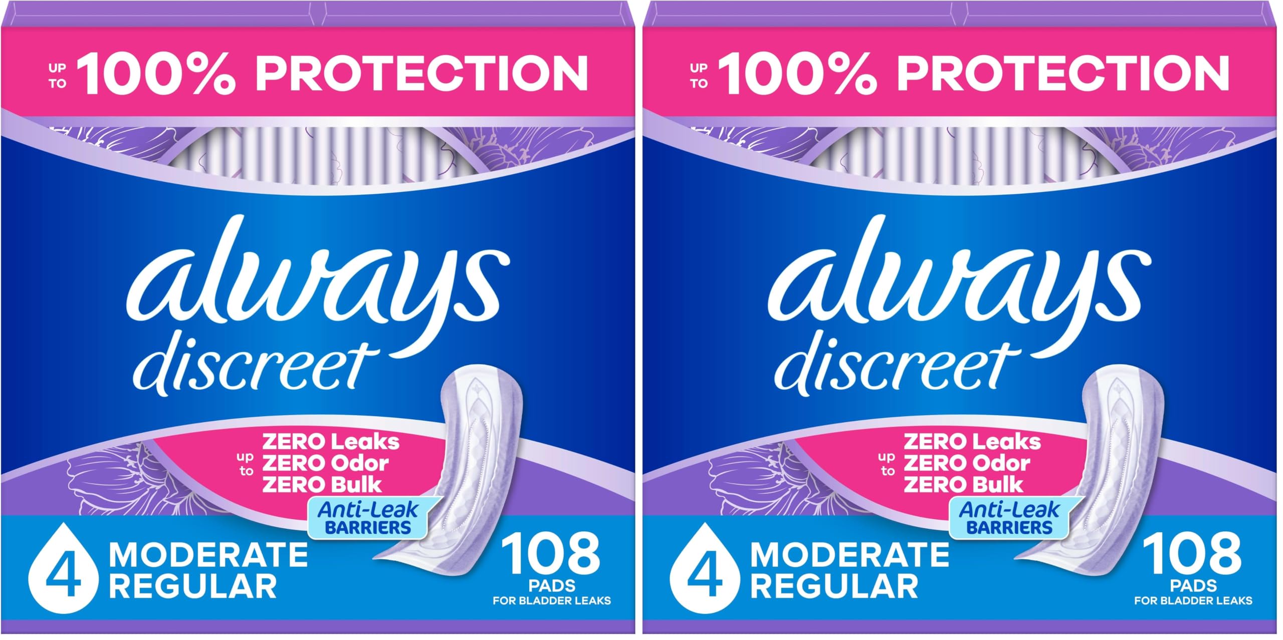 Always Discreet Incontinence Pads, Moderate, Regular Length, 108 ea (Pack of 2)