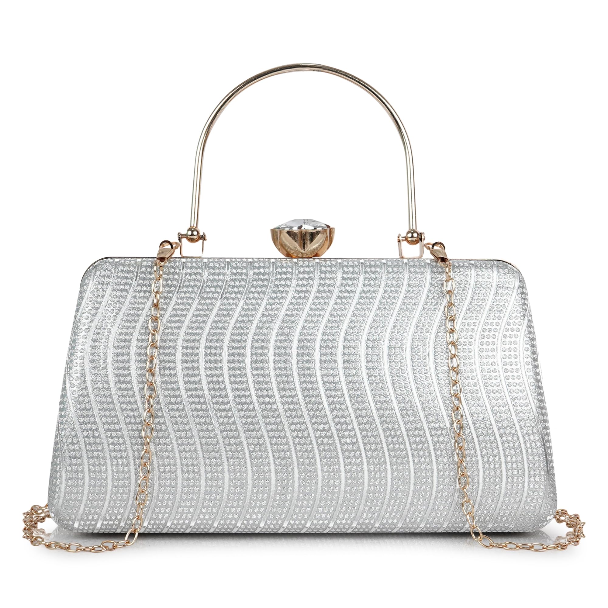 Women's Premium Textured Clutch Bag with Metal Handle & Chain Strap | Party, Wedding & Evening Stylish bag-image-7