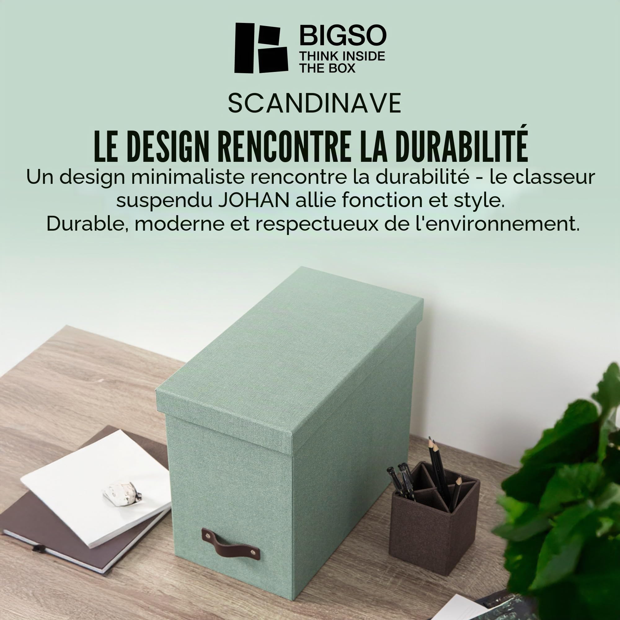 Bigso Box of Sweden JOHAN Boîte de classement suspendue avec couvercle - Boîte d'archivage élégante avec 8 dossiers suspendus - Boîte de dossiers suspendus en panneau de fibres et papier aspect lin