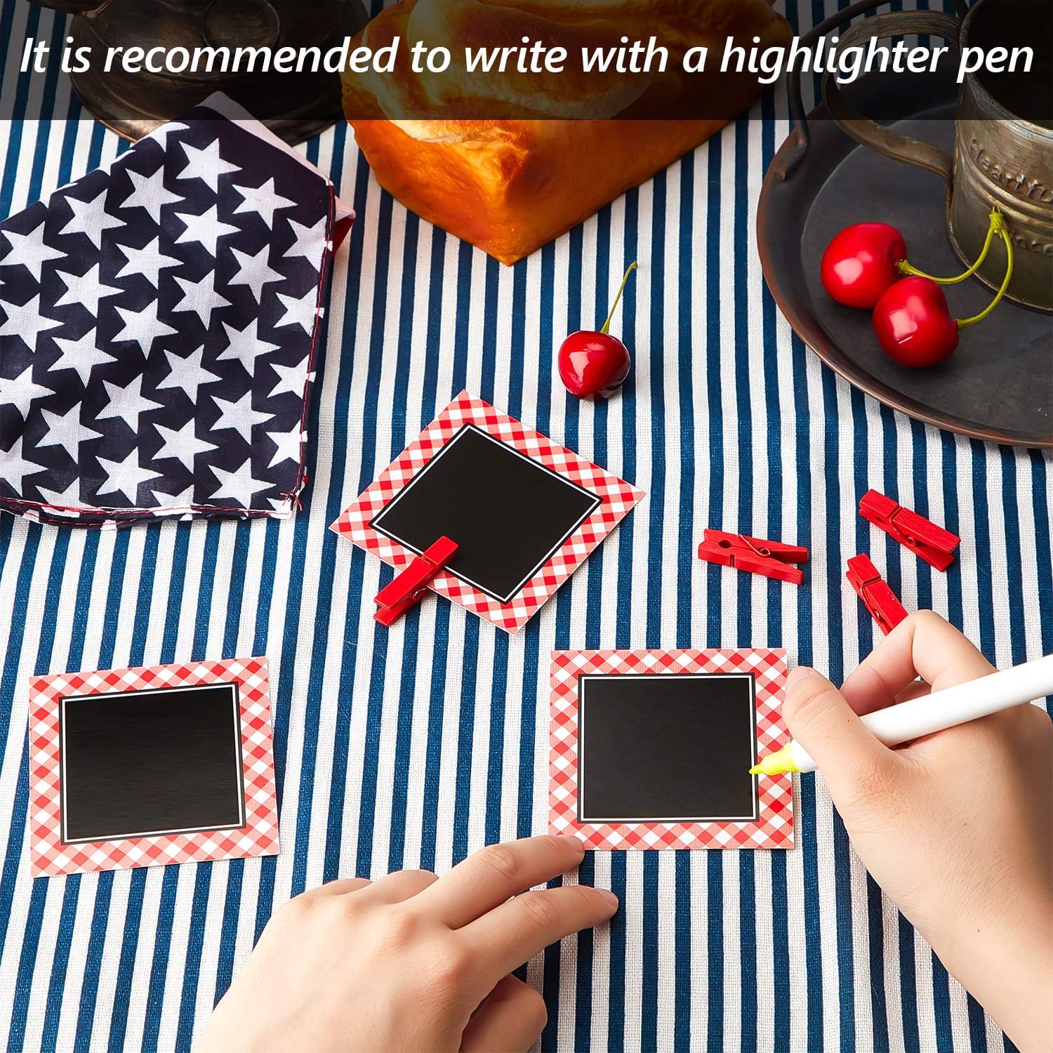 Outus 20 Pieces Mini Chalkboard Signs 3" Red Gingham Picnic Wooden Clips