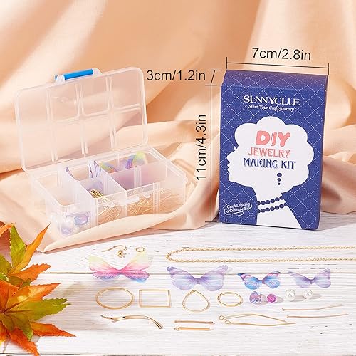 Miniatura 7 de SUNNYCLUE 1 caja de bricolaje para hacer 10 pares de aretes de mariposa, incluye abalorios de mariposa de tela, cuentas de vidrio, anillos de enlace