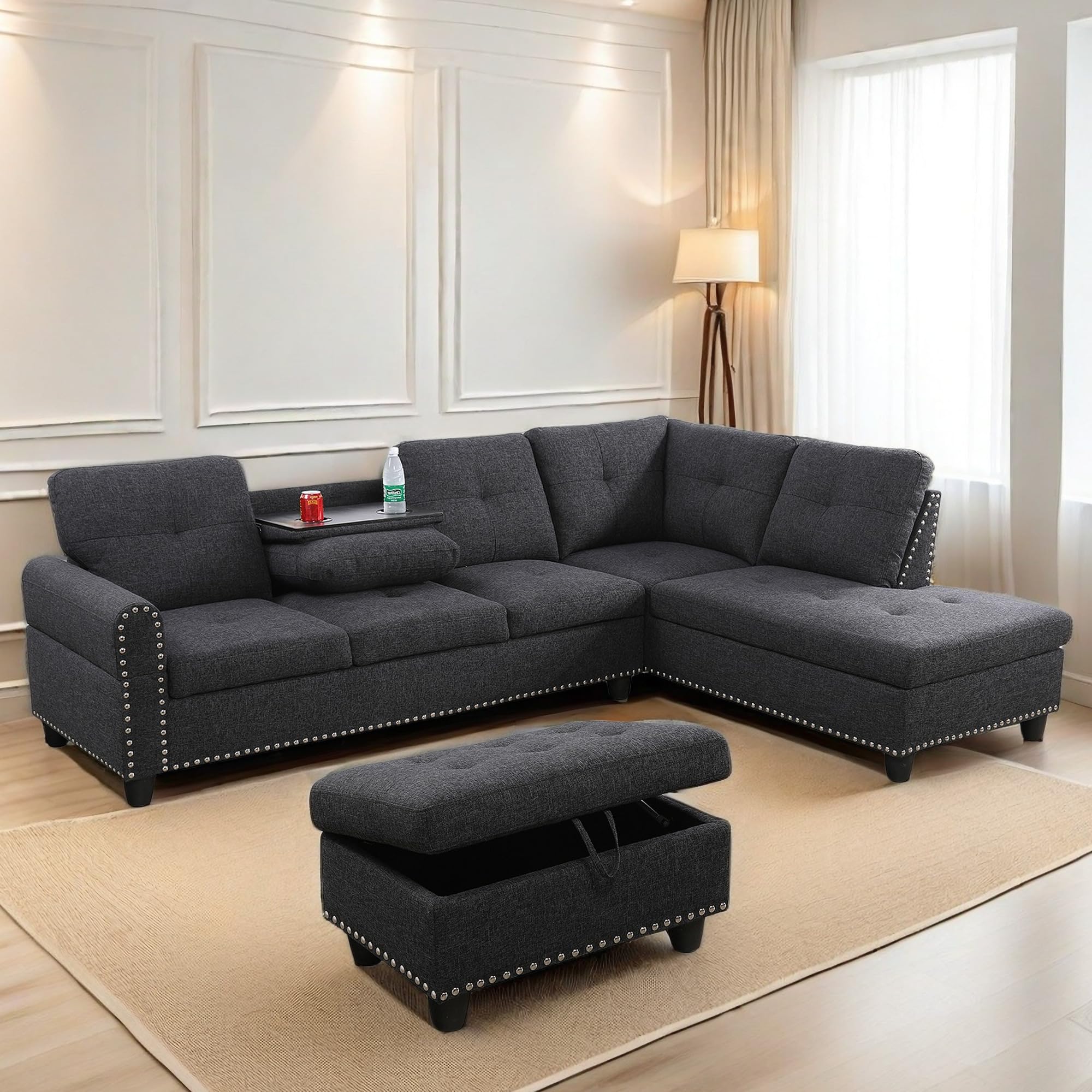 L Shaped Sectional Sofa with Ottoman, Nail-Head Design Linen Right Facing Modern Couches with Cup Holder for Living Room, Bedroom, Office - Ottoman NOT included