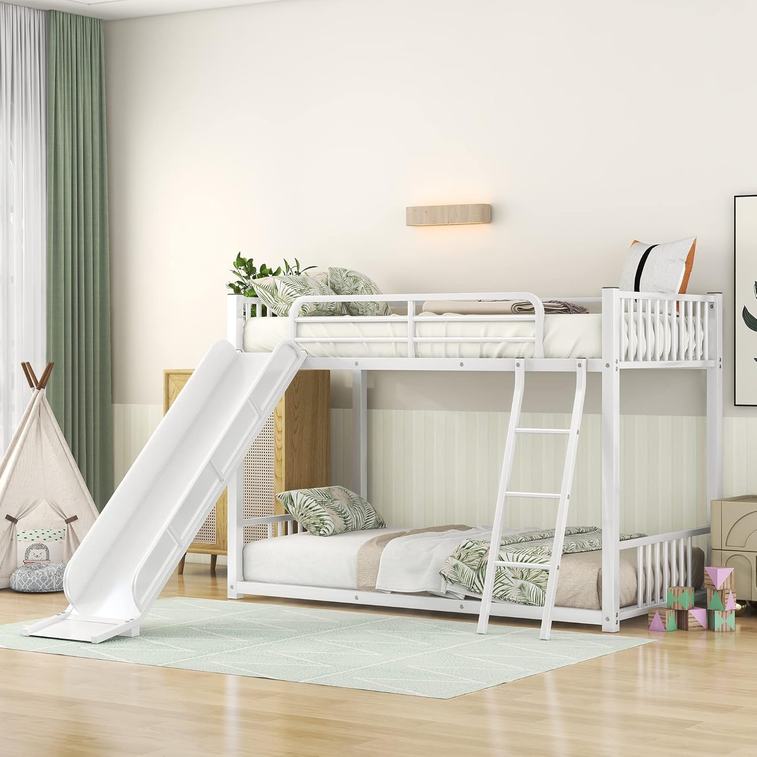 Twin Over Twin Bunk Bed with Slide,Bed Frame with Sturdy Steel Frame and Headboards Low Bunk Beds for Kids,Toddlers,Teens, White