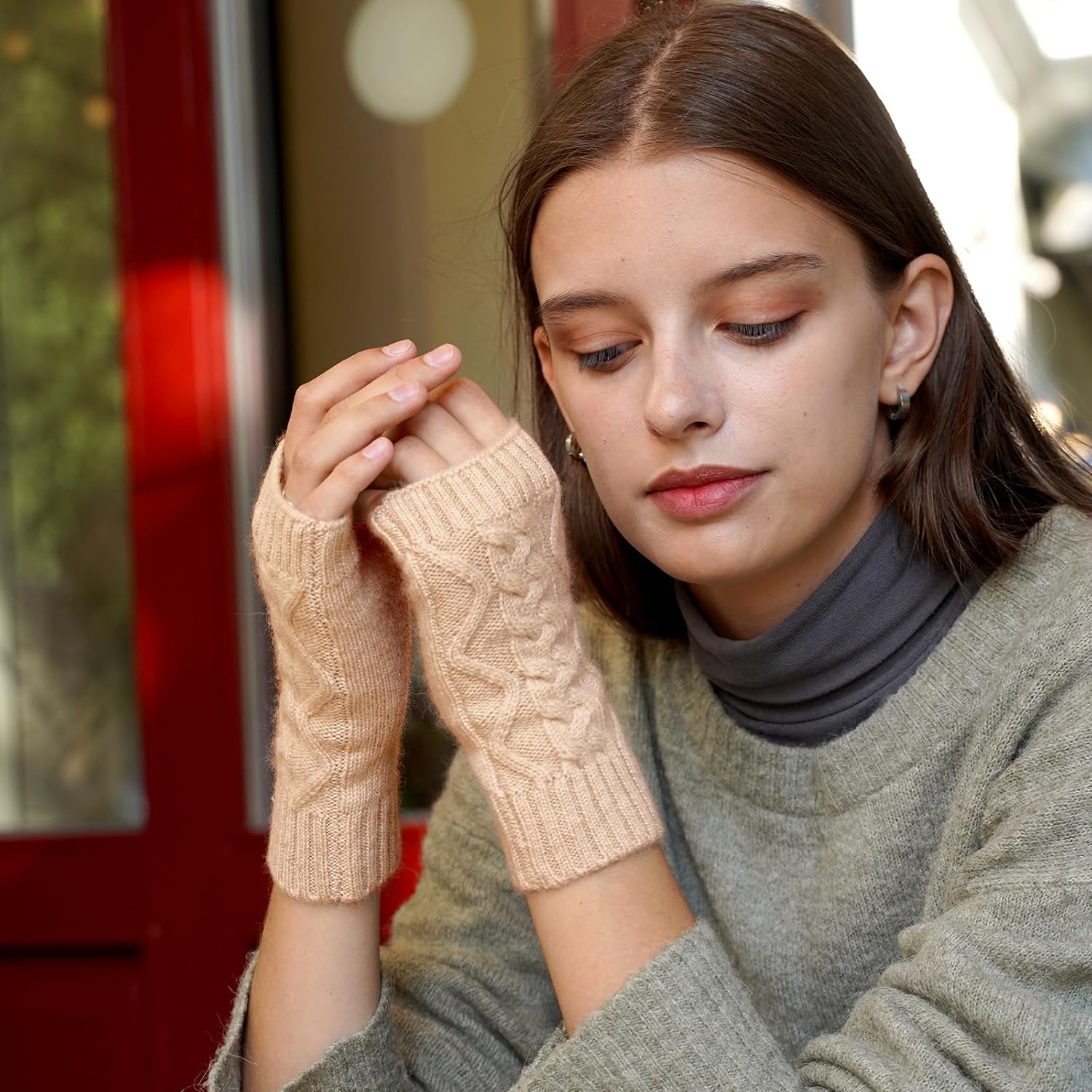 100% Pure Cashmere Fingerless Gloves for Women, One Size Ladies Knitted Mittens for Winter, Warm & Soft Gloves with Gift Box - Image 2