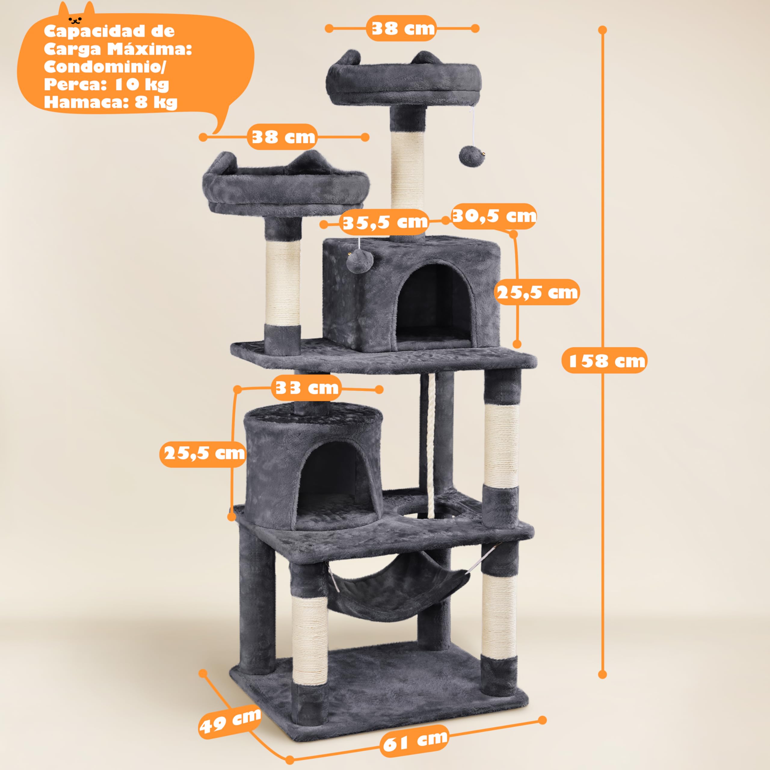 Yaheetech Rascador para Gatos de 158 cm Grande Arbol para Gatos Adultos Torre de Gatos Casita Juego para Mascota Gris Oscuro