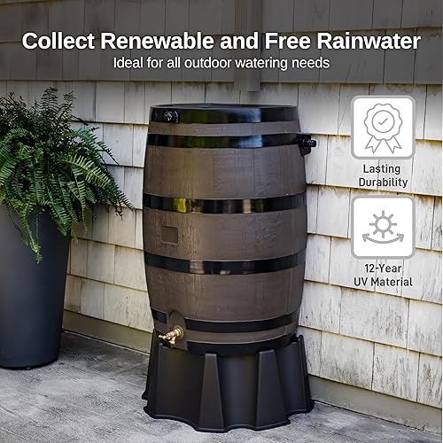 Miniatura 9 de RTS Home Accents 551000803A5681 - Paquete de 2 barriles de lluvia con respaldo plano de 50 galones y soporte con kit de eslabones, grano de madera
