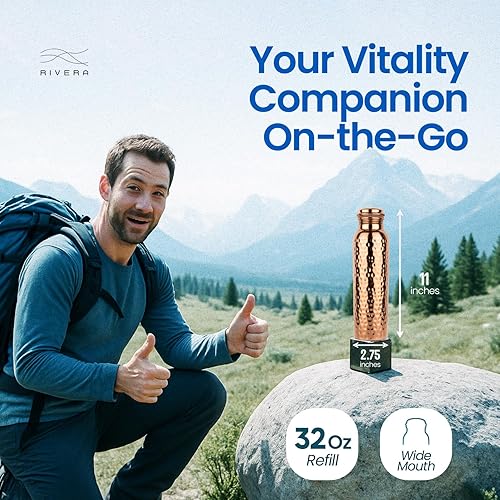 Miniatura 5 de Rivera Botella de agua de cobre puro probada en laboratorio de 30 onzas, 99.92 % libre de PTFE y PFOA, a prueba de fugas y sin articulaciones, sin