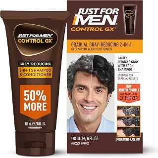 Just for Men Control GX Grey Reducing 2-in-1 Shampoo & Conditioner with Keratin - Natural Gradual Gray Coverage, Thicker Stronger Hair, 6oz