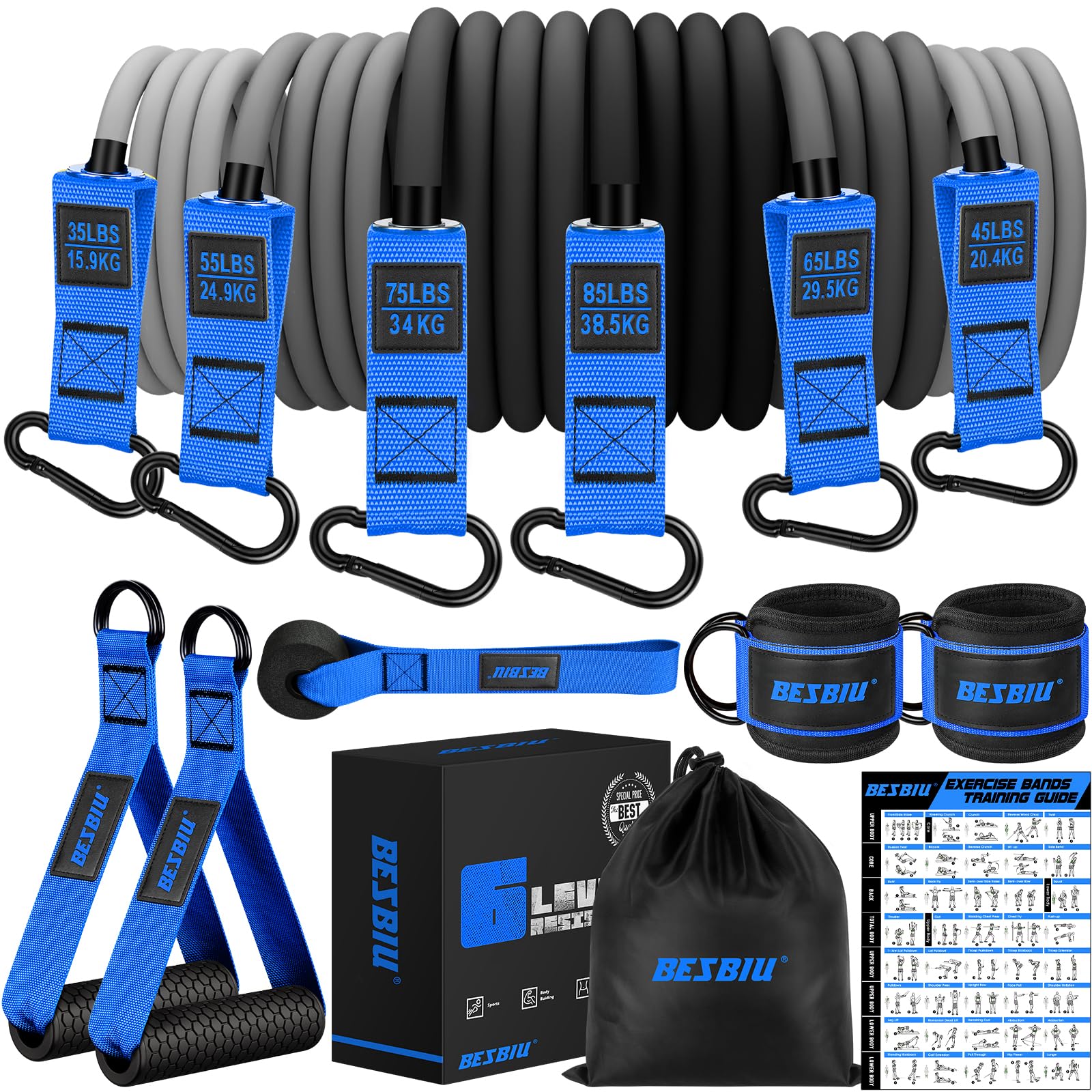 Schwere Widerstandsbänder für das Training, 136 kg/163,3 kg/190,5 kg, Trainingsbänder mit Griffen, Türanker, Knöchelriemen, Heim-Fitness-Trainingsgerät für Männer, Fitness, Krafttraining, Stretching