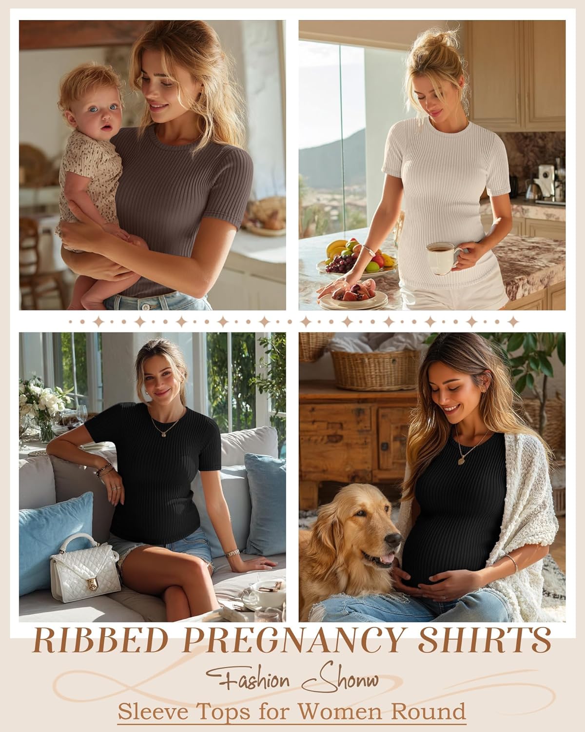 Sweetyweee 4 Pack Women's Maternity Shirts Ribbed Knit Short Sleeve Pregnancy Tops Crew Neck Tunic Tees Casual Summer Clothes - Image 3
