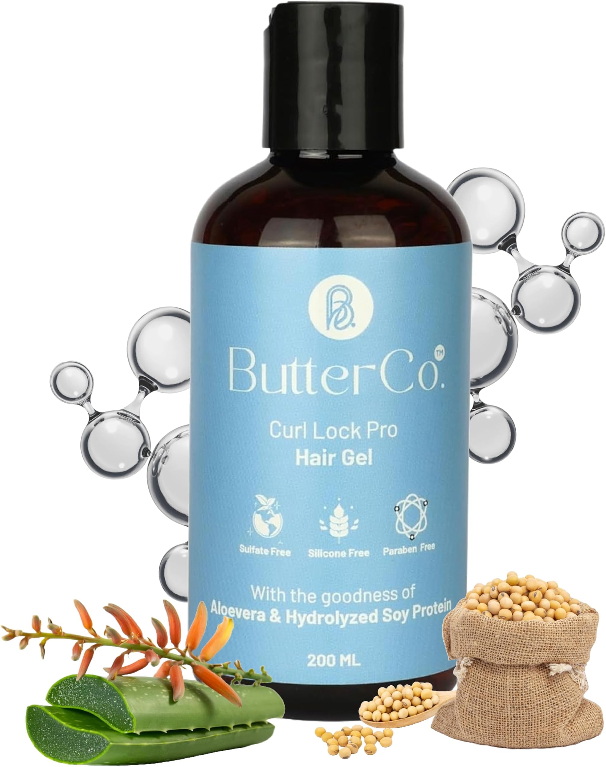 ButterCo. Hair Gel for Curly, Wavy, Dry & Frizzy Hair – 200g | Long Lasting Curl Hold with 3X Frizz Control | Enriched with Aloe Vera & Soy Protein | Sulphate, Silicone & Paraben Free Styling Gel