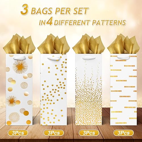 Miniatura 2 de Carnation Bolsas de vino, paquete de 12 bolsas de regalo de vino con pañuelo, bolsas de regalo de vino de lámina dorada para botellas de vino,