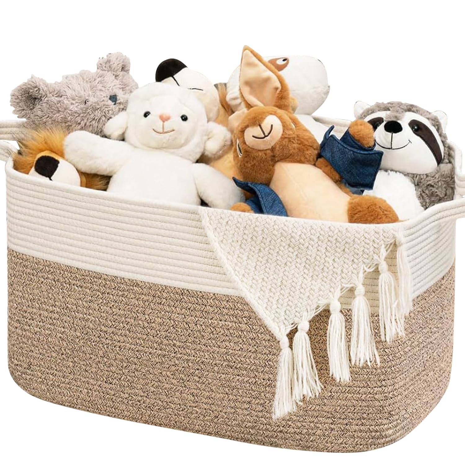 Korb Aufbewahrung Groß mit Griff für Babykleidung Spielzeug Decke Bettwäsche Handtuch,55 * 38 * 30cm,Geeignet für Wohnzimmer Schlafzimmer Badezimmer(Braun-Weiß)