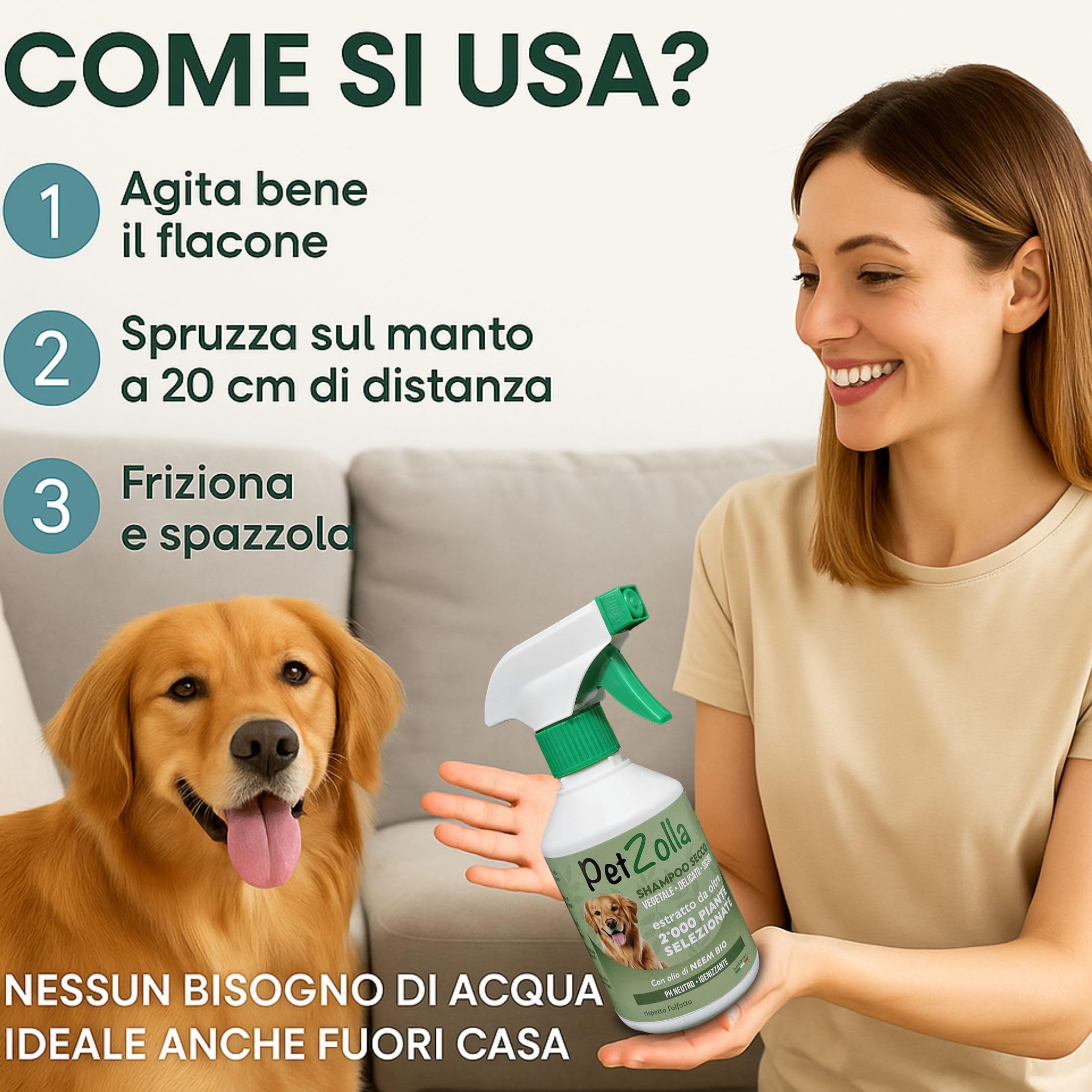 Kit Shampoo secco per cani senza risciacquo 300ml, Spray districante sciogli nodi pelo cane 300 ml e Spray pulisci zampe 300ml, formula naturale con olio di neem timo e argan - Made in Italy