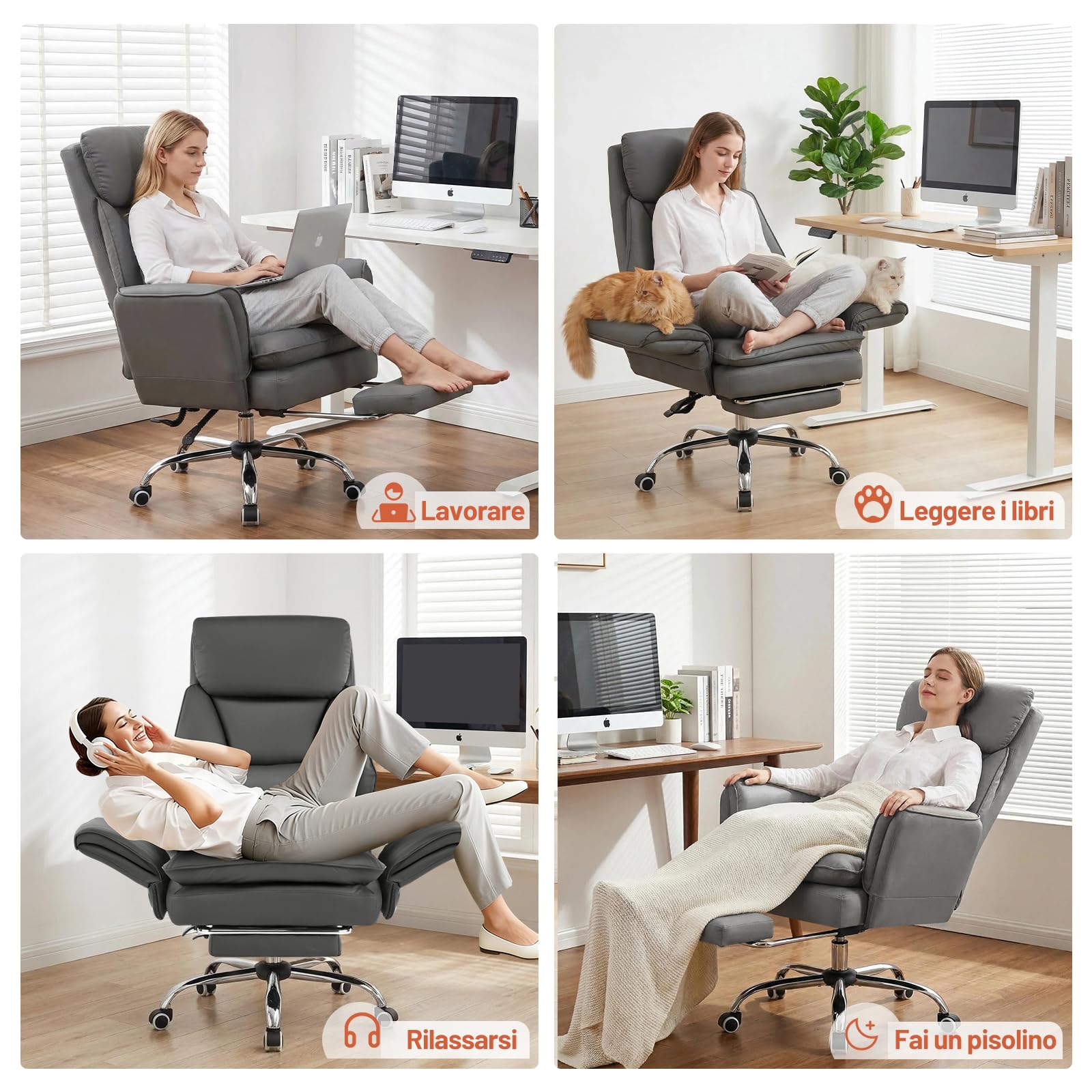 Sedia da Ufficio con Braccioli Regolabili a 5 Livelli, Poltrona Ufficio Ergonomica con Poggiapiedi, Sedia da Gioco in Pelle PU con Altezza Regolabile e Schienale Reclinabile 200kg, Grigio