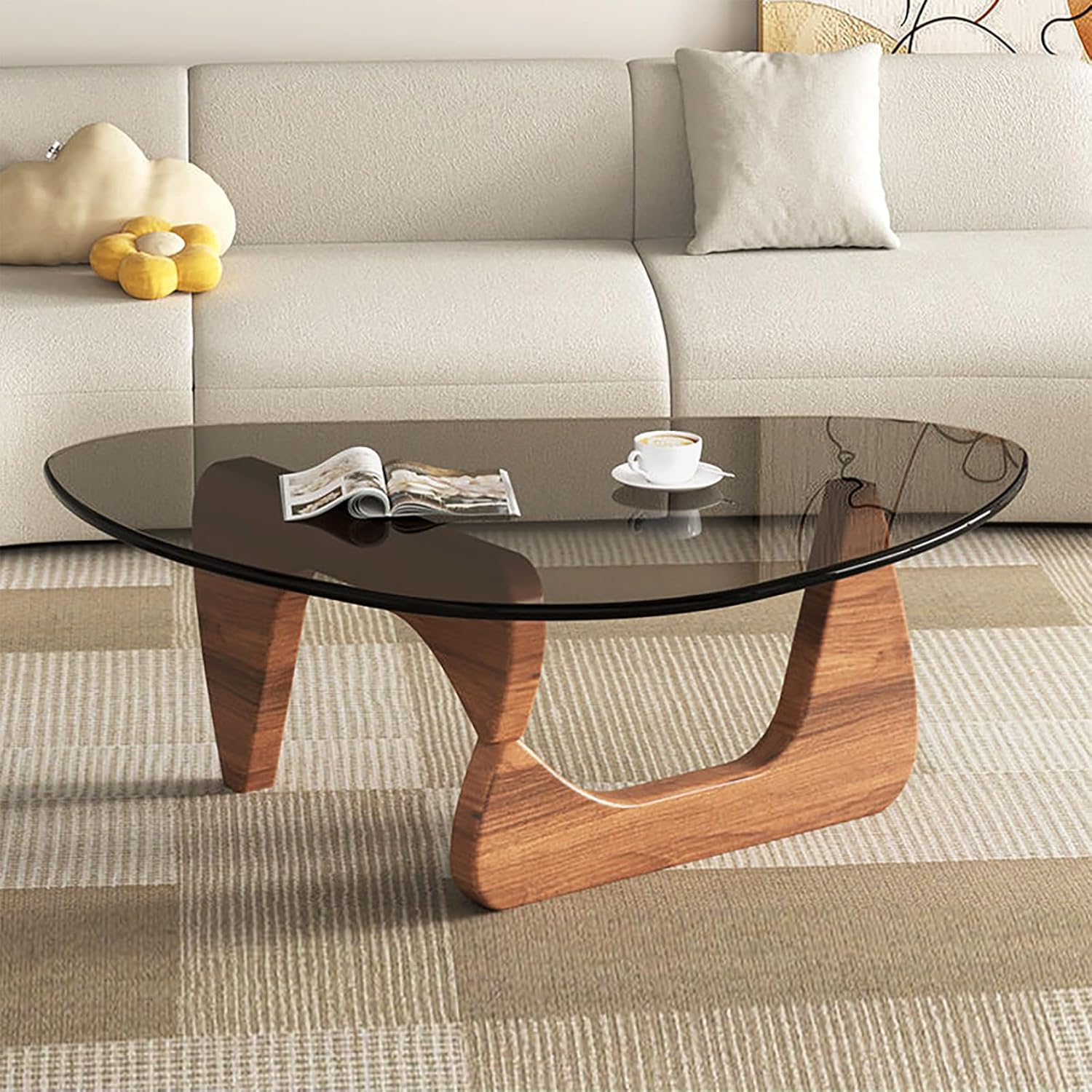 Mid Century Modern Glass Coffee Table, Small Coffee Table for Living Room, Elegant and Functional Coffee Tables Suitable for Bedroom Living Room Reception Office Tables?Walnut/Grey?Small? Walnut/Grey Small 32.2 * 22.4 * 16in