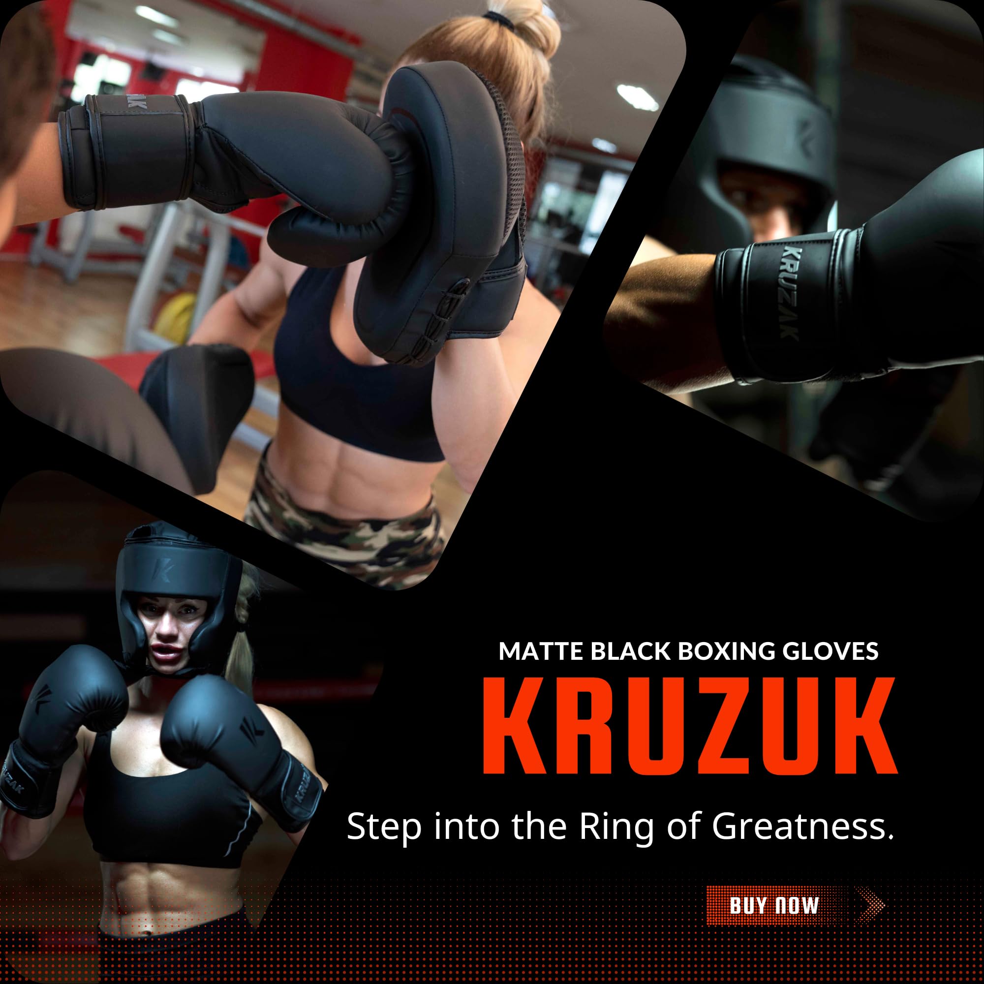 Kruzak Boxhandschuhe & Fokus-Pads Set – Mattschwarz, 16 Oz – Für Kickboxen, Muay Thai, MMA & Fitness
